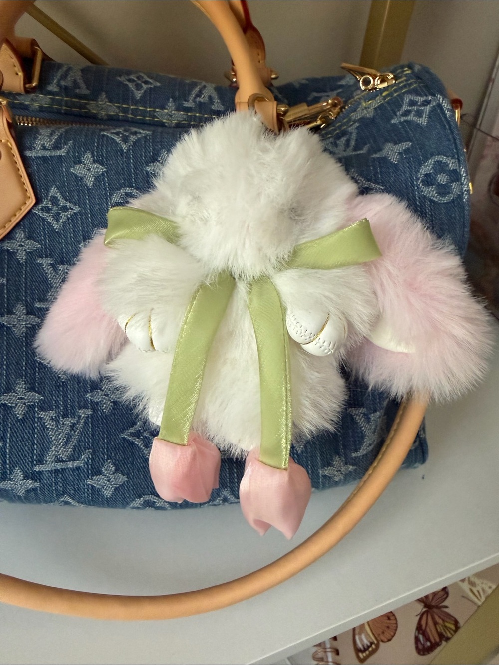 Fluffy White & Pink Bunny Bag Charm with Green Bow